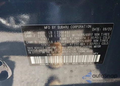 2024 Subaru Outback Premium z USA, uszkodzony, nr VIN 4S4BTADC8R3168051